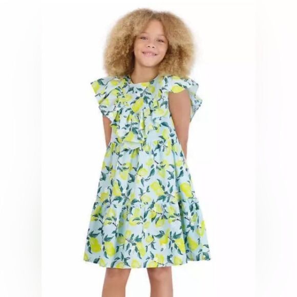 French Connection Youth Dress BLUE LEMON FLORAL RUFFLE SIZE S 7/8 - Picture 1 of 3